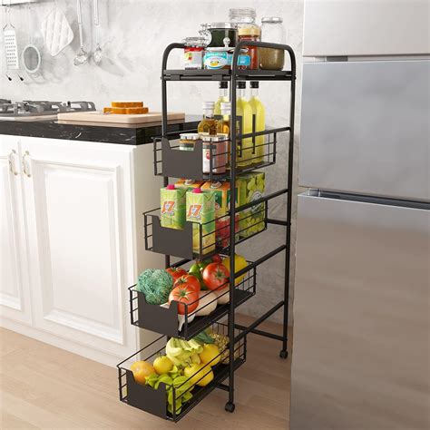 narrow rolling kitchen cabinet steel|narrow wheeled storage cart shelves.